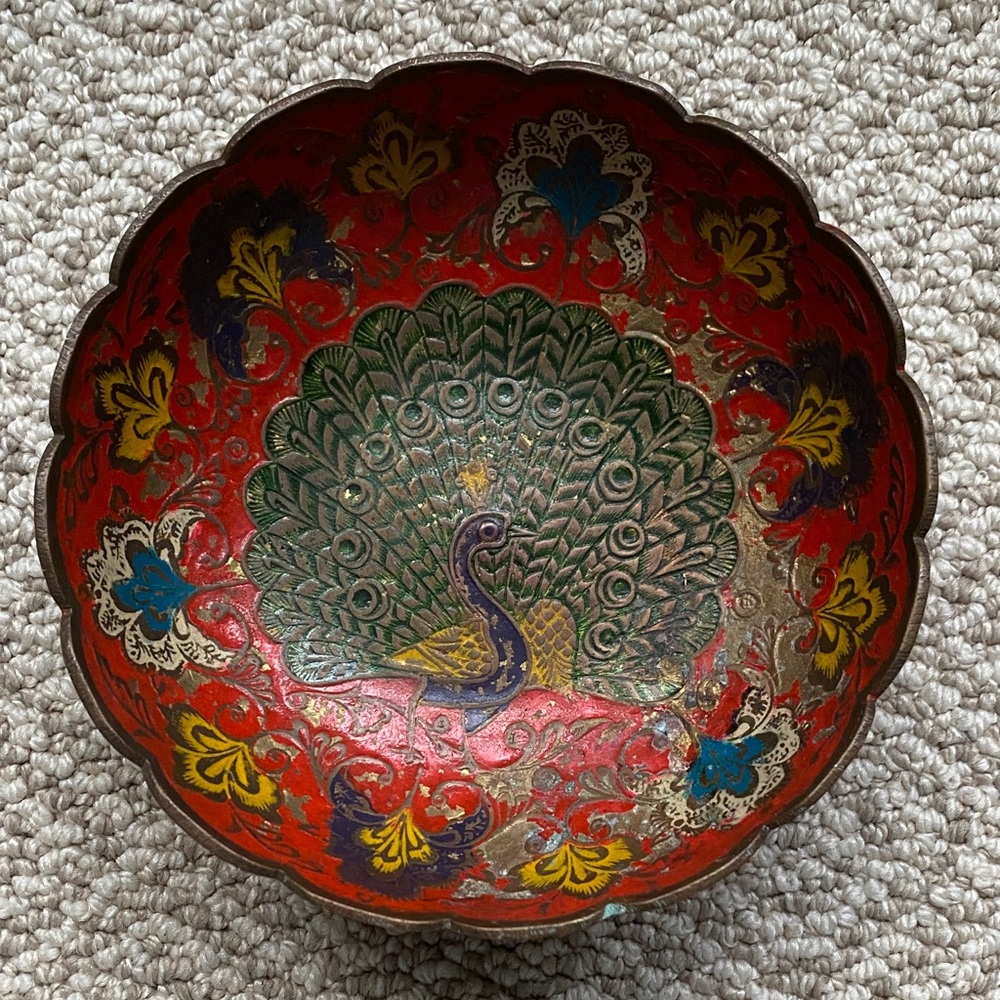 Vintage Indoor an Brass Peacock Decorative Bowl - Red, Green, Blue. Great patina